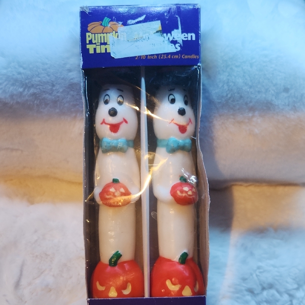 Vintage 10 Inch Long, Halloween Unburned Ghost Pumpkin Candle Decoration
